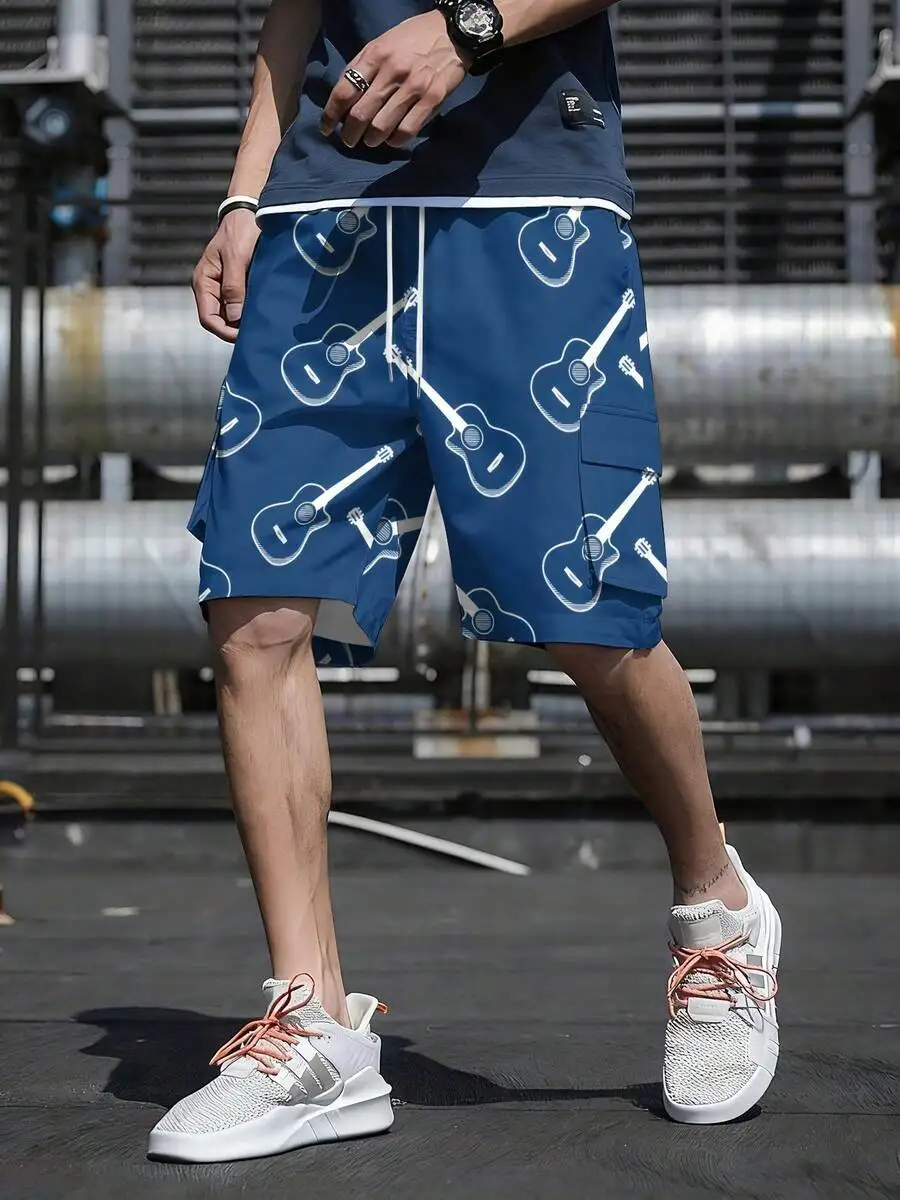 Mens Guitar Print Cargo Shorts With Drawstring Waist And Flap Pockets
Mens Guitar Print Cargo Shorts With Drawstring Waist And Flap Pockets