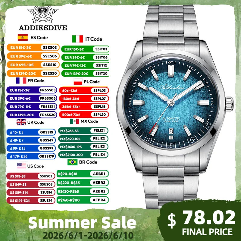 ADDIESDIVE Automatic Luxury Watch 8215 Movement 316L BGW9 Luminous Dial 100M Waterproof Bubble Glass Elegant Design for Men
ADDIESDIVE Automatic Luxury Watch 8215 Movement 316L BGW9 Luminous Dial 100M Waterproof Bubble Glass Elegant Design for Men