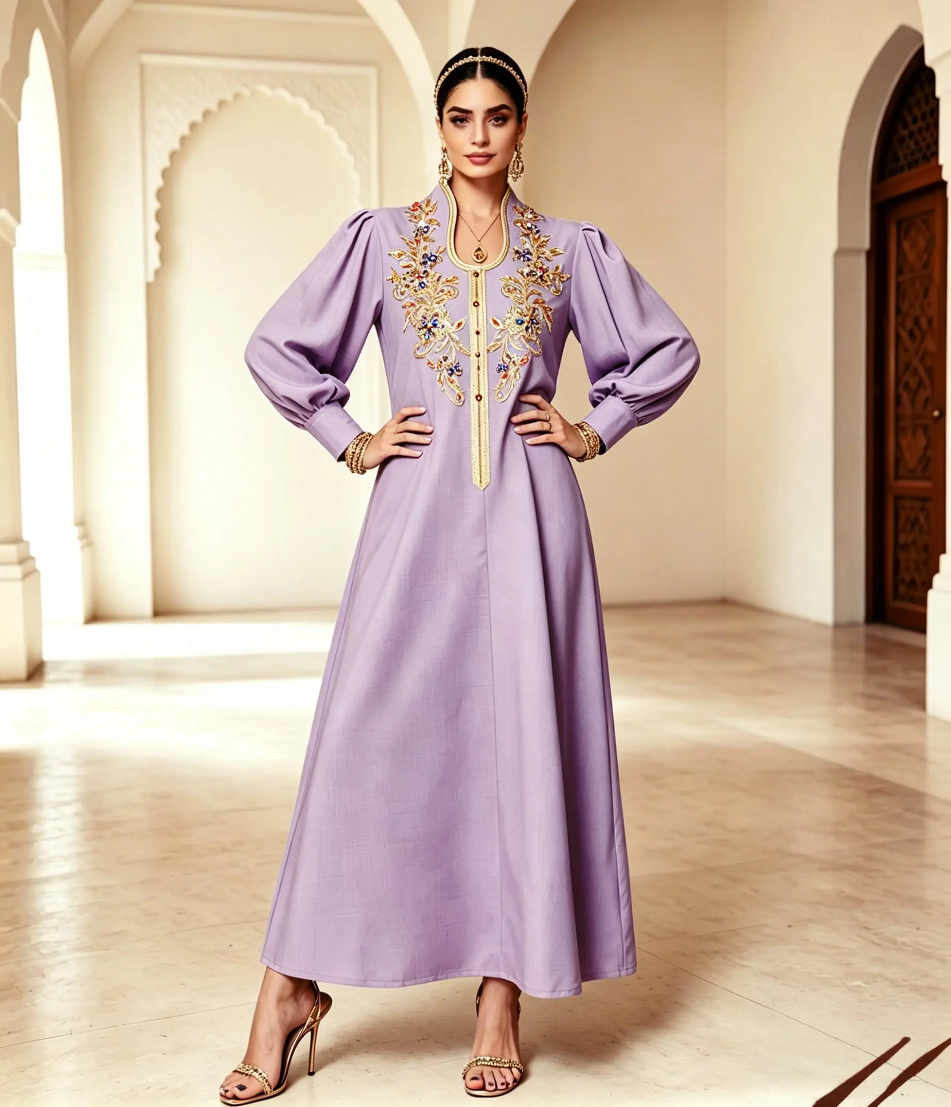 Women's Lavender Maxi Dress with Gold Floral Embroidery, Long Puff Sleeve Abaya Kaftan Gown
Women's Lavender Maxi Dress with Gold Floral Embroidery, Long Puff Sleeve Abaya Kaftan Gown