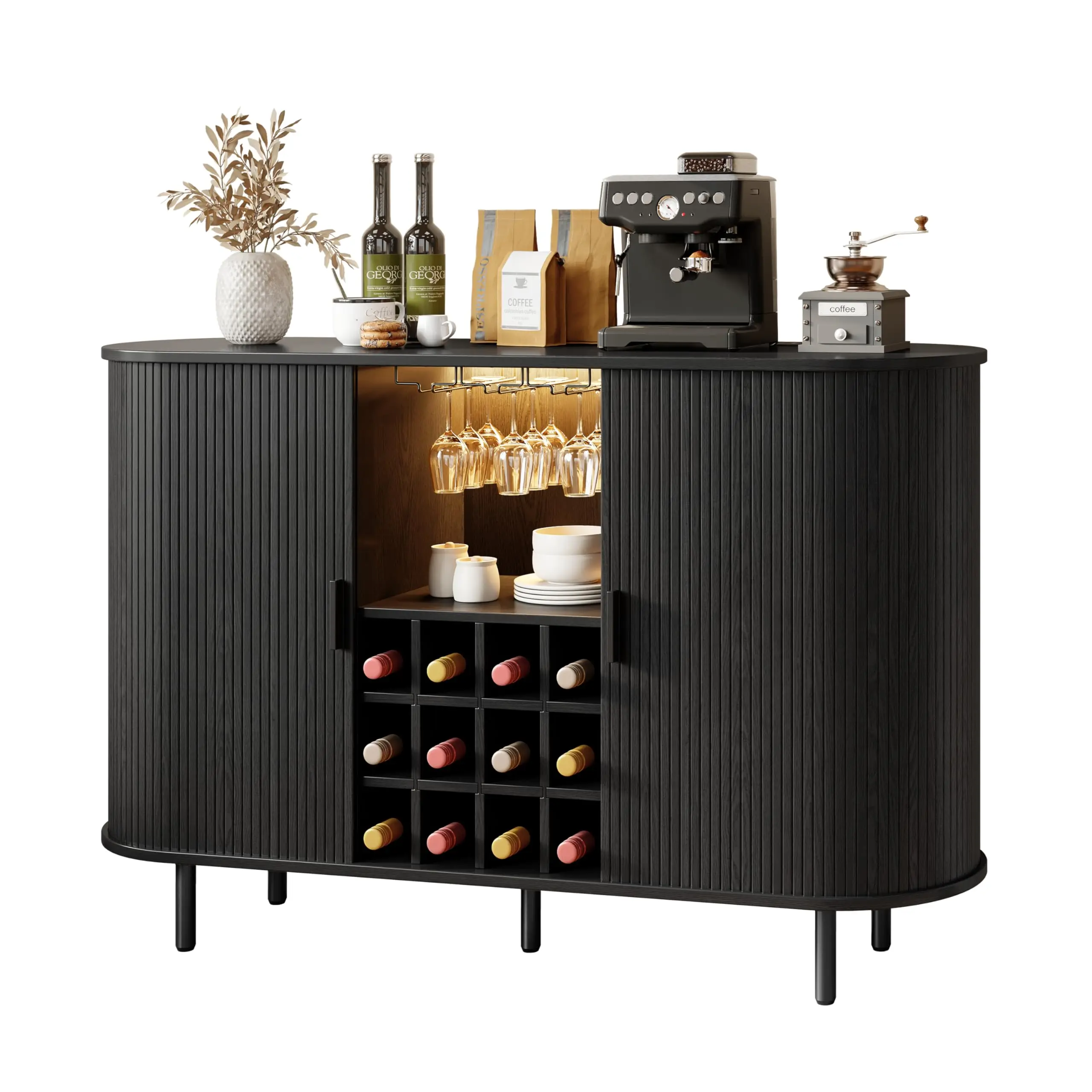 Modern Black Fluted Bar Cabinet With LED Lighting, Wine Rack, Glass Holder, And Power Outlet For Living Room
Modern Black Fluted Bar Cabinet With LED Lighting, Wine Rack, Glass Holder, And Power Outlet For Living Room