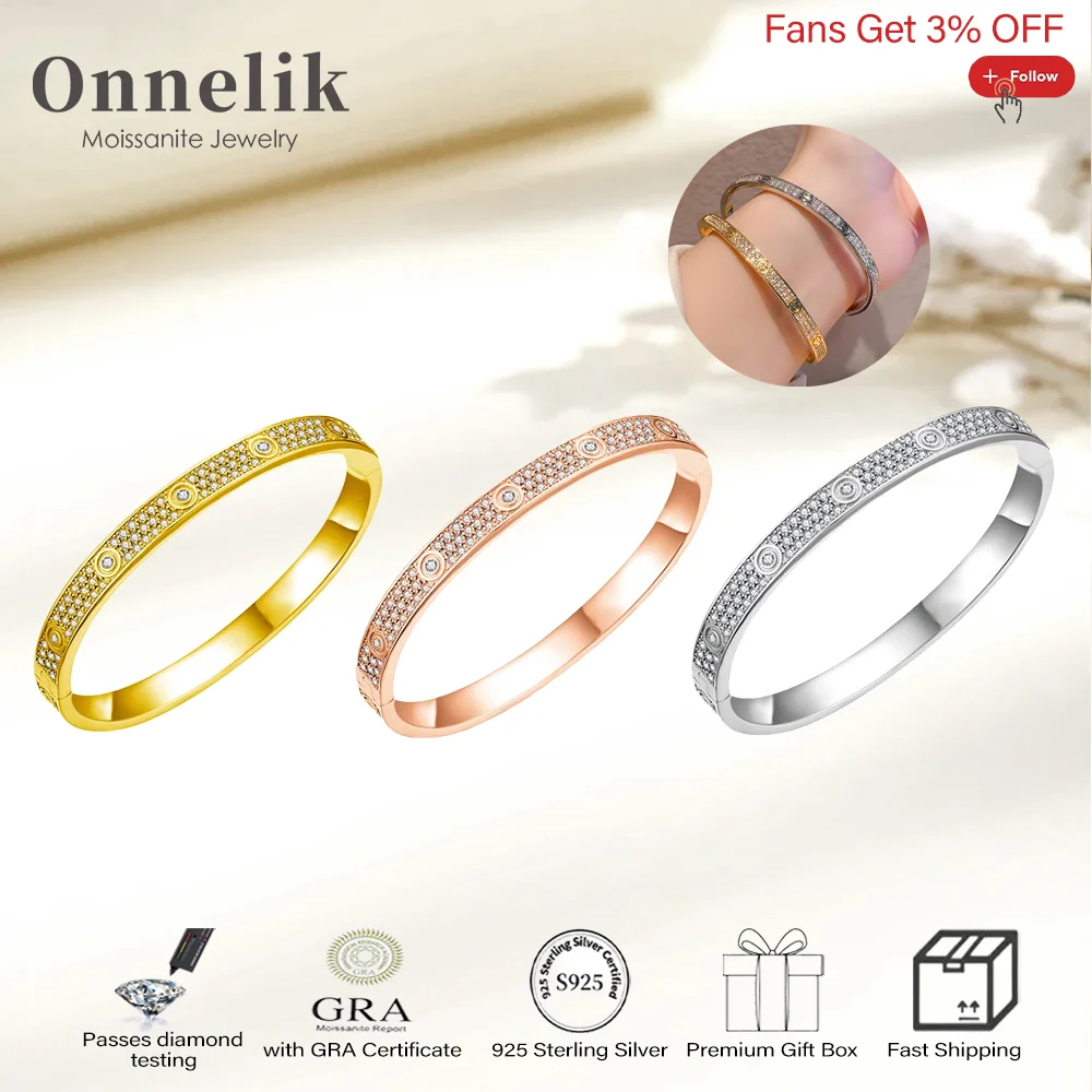 Onnelik VVS1 2.5mm Moissanite Lab Diamond Bangles 925 Sterling Silver Plate 18K Gold Bracelet for Women Wedding Party Jewelry
Onnelik VVS1 2.5mm Moissanite Lab Diamond Bangles 925 Sterling Silver Plate 18K Gold Bracelet for Women Wedding Party Jewelry