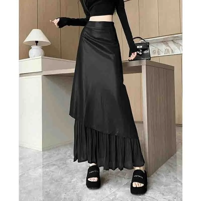 Women Skirt Leather Slanted High Waist Long Skirt Autumn Winter A Line Casual Elegant Solid Korean Fashion Femme Clothing 
Women Skirt Leather Slanted High Waist Long Skirt Autumn Winter A Line Casual Elegant Solid Korean Fashion Femme Clothing