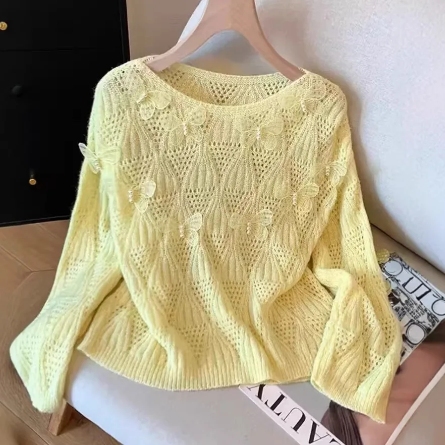 Hollow Knit Pullover Sweater Round Neck Pearl Butterfly Appliques Long Sleeve Soft Lightweight Pullover Spring Autumn Knit Top
Hollow Knit Pullover Sweater Round Neck Pearl Butterfly Appliques Long Sleeve Soft Lightweight Pullover Spring Autumn Knit Top