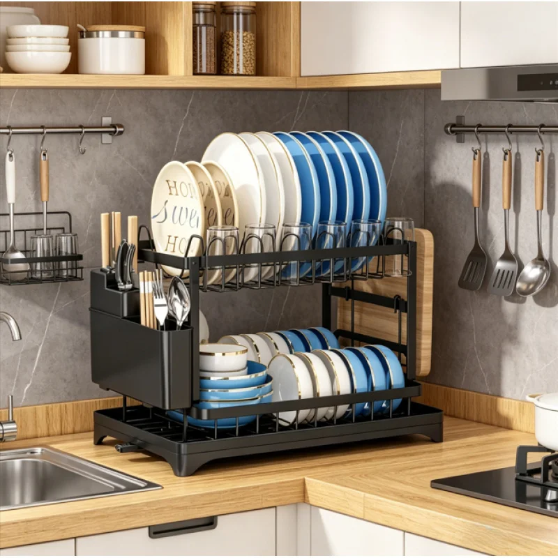2-Tier Space Saving Dish Drying Rack, Metal Kitchen Counter Organizer with Drip Tray for Tableware Storage