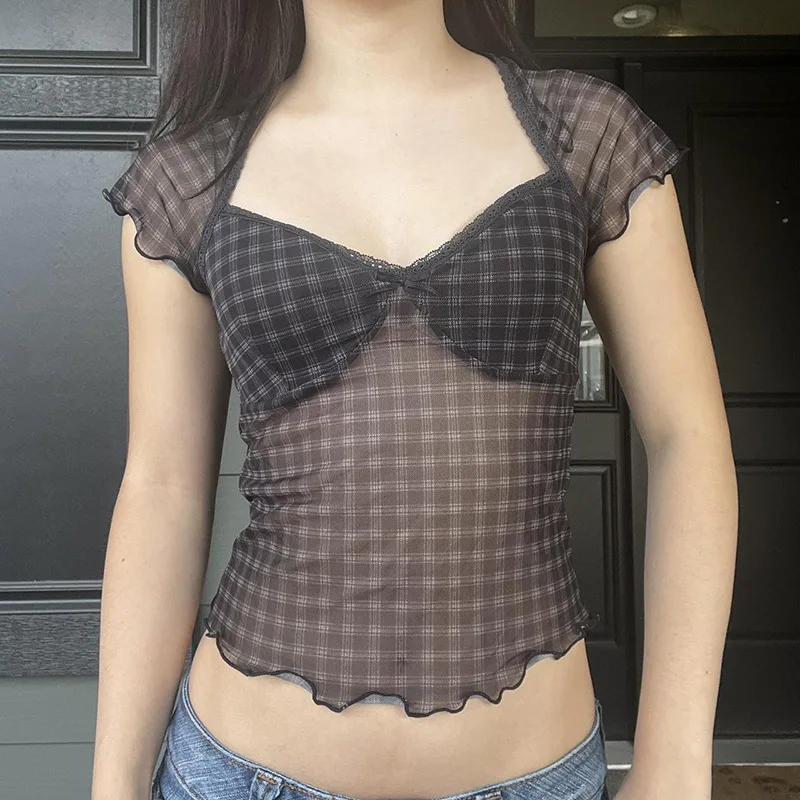Women's Plaid Mesh Transparent Short-Sleeved Top2024New Street Cool Wooden Ear Hot GirlVCollarTT-shirt
Women's Plaid Mesh Transparent Short-Sleeved Top2024New Street Cool Wooden Ear Hot GirlVCollarTT-shirt