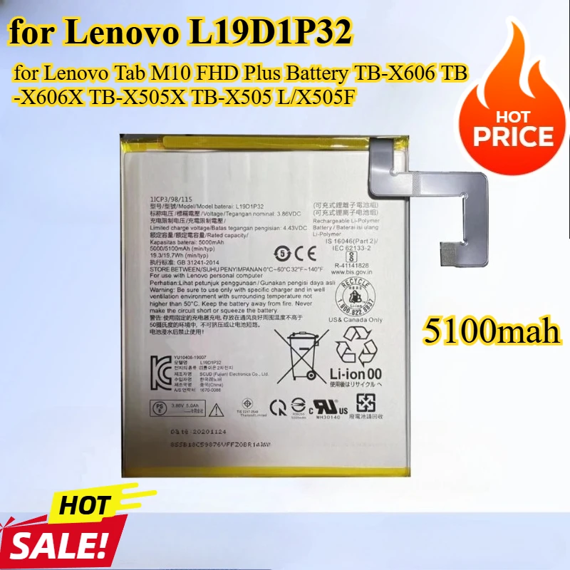 5100mAh L19D1P32 for Lenovo Tab M10 FHD Plus Battery TB-X606 TB-X606X TB-X505X TB-X505 L/X505F Tablet Battery
5100mAh L19D1P32 for Lenovo Tab M10 FHD Plus Battery TB-X606 TB-X606X TB-X505X TB-X505 L/X505F Tablet Battery