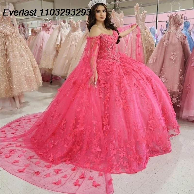 EVLAST Glitter Fuchsia Butterfly Quinceanera Dress Ball Gown Lace Applique Beaded With Cape Sweet 16 Vestido De 15 Anos TQD311
EVLAST Glitter Fuchsia Butterfly Quinceanera Dress Ball Gown Lace Applique Beaded With Cape Sweet 16 Vestido De 15 Anos TQD311