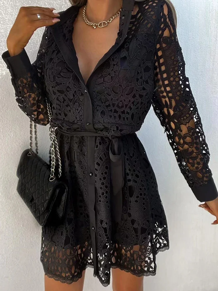 Sexy Hollow Out White Lace Shirt Dress Women Single-breasted Solid Color 3/4 Sleeve Elegant Dresses Spring Summer Party Dresses
Sexy Hollow Out White Lace Shirt Dress Women Single-breasted Solid Color 3/4 Sleeve Elegant Dresses Spring Summer Party Dresses