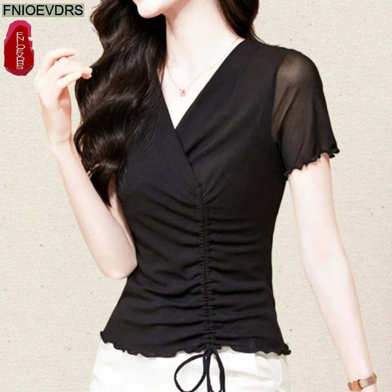 Shirring Draped Sheer Mesh Tops Blouses Fashion Women Summer Short Sleeve Slim Fitted Basics Shirts V Neck Top
Shirring Draped Sheer Mesh Tops Blouses Fashion Women Summer Short Sleeve Slim Fitted Basics Shirts V Neck Top