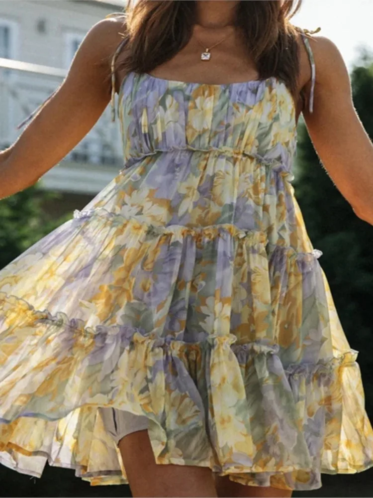 Summer Spaghetti Strap Flower Chiffon Mini Dresses For Women Fashion Ruffles Sexy Backless Vacation Style Beach Dress Female
Summer Spaghetti Strap Flower Chiffon Mini Dresses For Women Fashion Ruffles Sexy Backless Vacation Style Beach Dress Female