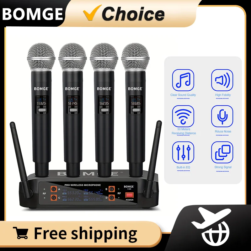 BOMGE 4 Channel Wireless Microphone System UHF 4 Handheld Mic Karaoke DJ Singing Meeting Party Wedding Church Conference Speech
BOMGE 4 Channel Wireless Microphone System UHF 4 Handheld Mic Karaoke DJ Singing Meeting Party Wedding Church Conference Speech