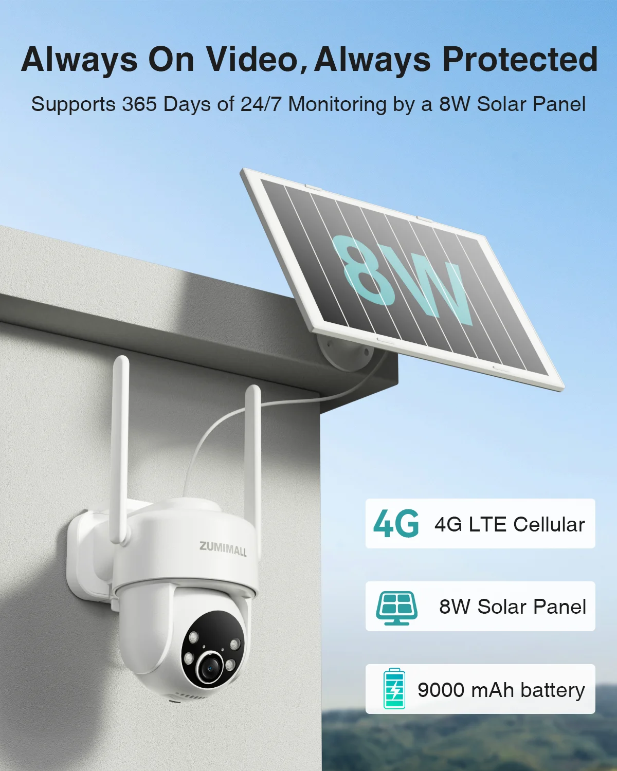 ZUMIMALL 4G LTE AOV 24/7 Continuous Recording Security Camera Wireless Outdoor,No WiFi,AI Human Tracking,,Solar Powered
ZUMIMALL 4G LTE AOV 24/7 Continuous Recording Security Camera Wireless Outdoor,No WiFi,AI Human Tracking,,Solar Powered
