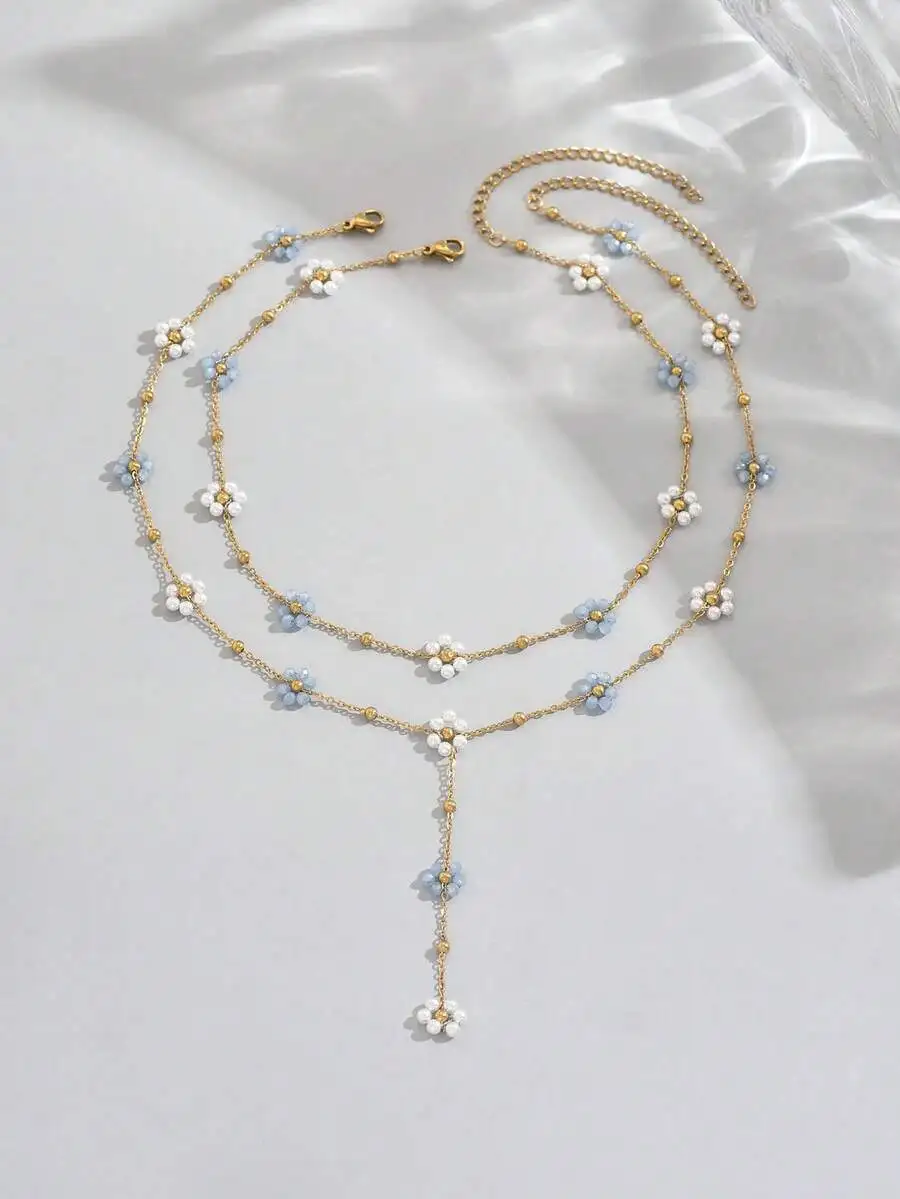 Elegant Blue And White Flower Pearl Crystal Necklace Set In Gold Tone, Choker Plus Y-Style For Women Daily Party Beach Wear
Elegant Blue And White Flower Pearl Crystal Necklace Set In Gold Tone, Choker Plus Y-Style For Women Daily Party Beach Wear