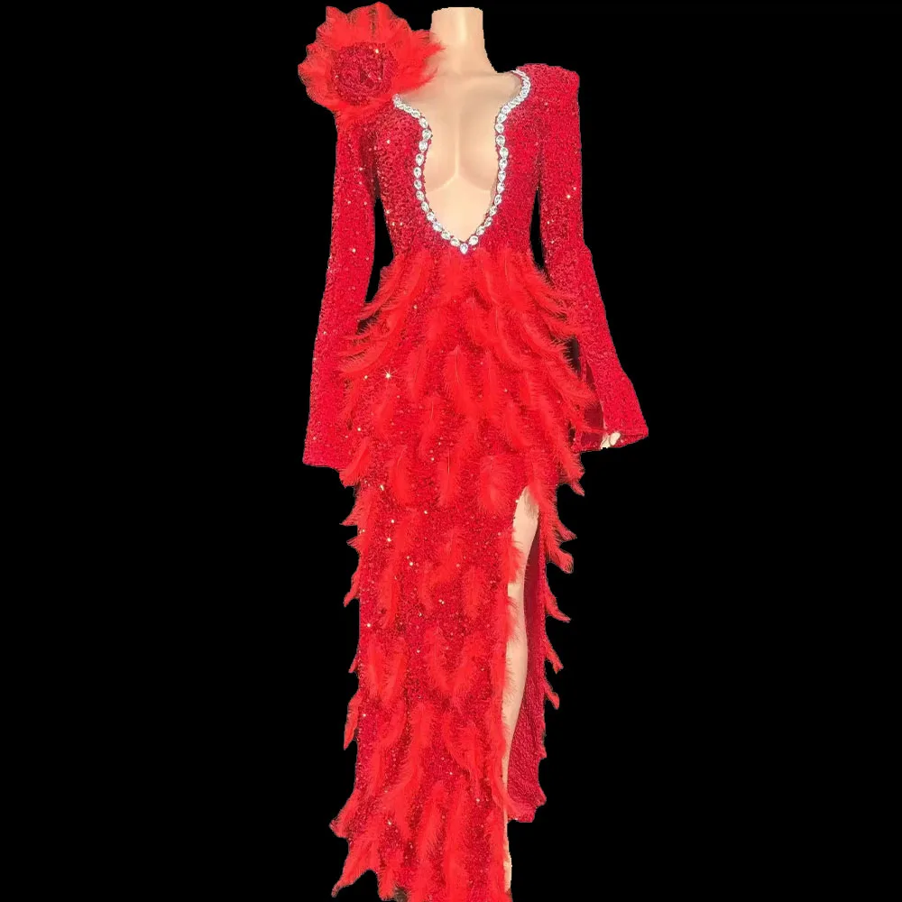 Women Sexy Stage Sparkling Red Feather Luxury Long Dress Celebrating Dancer Flash Wedding Party Birthday Photoshoot Dress
Women Sexy Stage Sparkling Red Feather Luxury Long Dress Celebrating Dancer Flash Wedding Party Birthday Photoshoot Dress