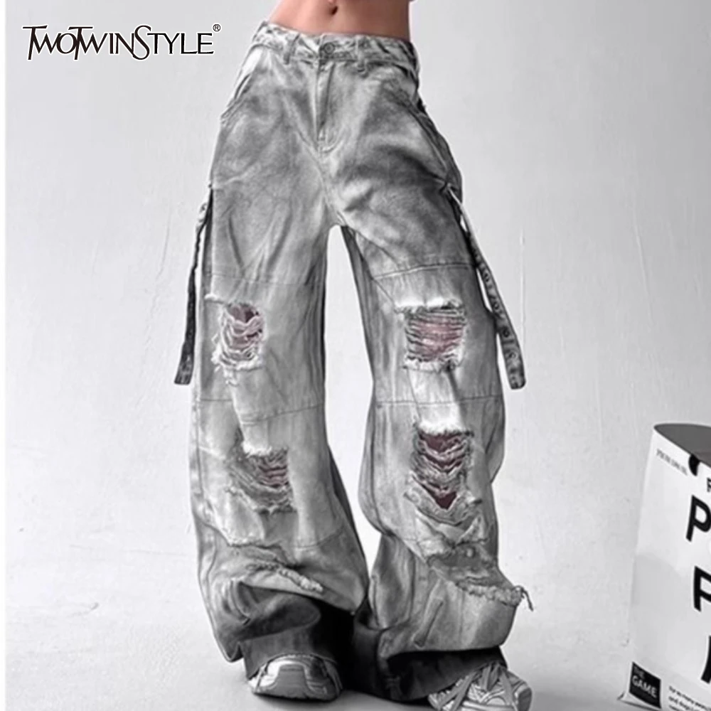 TWOTWINSTYLE Hit Color Loose Spliced Hold Jeans for Women High Waist Patchwork Pockets Wide Leg Pant Female Clothes
TWOTWINSTYLE Hit Color Loose Spliced Hold Jeans for Women High Waist Patchwork Pockets Wide Leg Pant Female Clothes