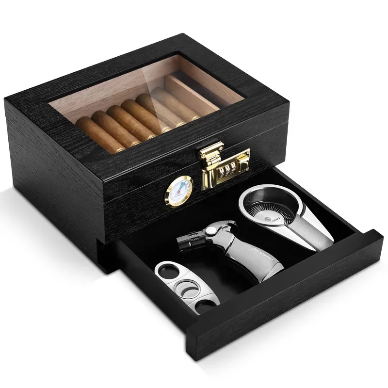 multi-functional cigar box, cedar wood combination lock, hygrometer, humidifier, large capacity moisturizing.
multi-functional cigar box, cedar wood combination lock, hygrometer, humidifier, large capacity moisturizing.