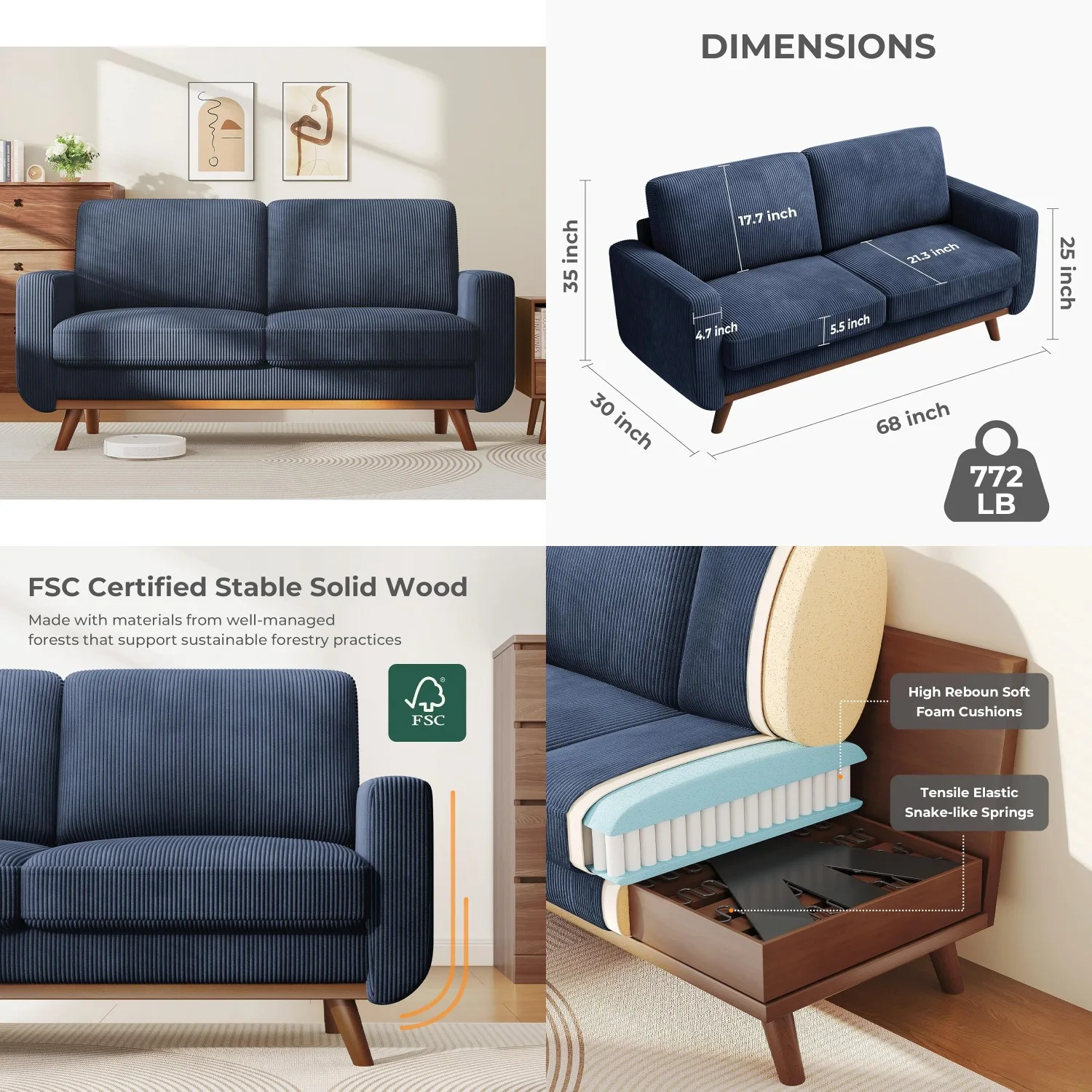 68" Dark Blue Corduroy Loveseat Spring Cushion Solid Wood Extra Deep Seat Bedroom Living Room Office Sofa, Customized
68" Dark Blue Corduroy Loveseat Spring Cushion Solid Wood Extra Deep Seat Bedroom Living Room Office Sofa, Customized