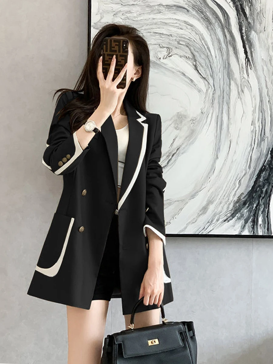 Contrast Color Suit Coat 2023 Autumn Women's Black Double Breasted Pocket Design Blazer Jacket Fashion Temperament Commuter Top
Contrast Color Suit Coat 2023 Autumn Women's Black Double Breasted Pocket Design Blazer Jacket Fashion Temperament Commuter Top