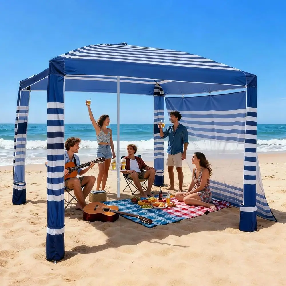8x8 UV 50+ Beach Cabana with Side Wall, Easy Setup, Sand Anchors, Adjustable Height, Family Shade Shelter, Navy Stripes
8x8 UV 50+ Beach Cabana with Side Wall, Easy Setup, Sand Anchors, Adjustable Height, Family Shade Shelter, Navy Stripes