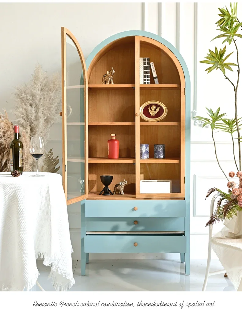 French solid wood bookcase retro arched with glass door white living room display wine cabinet
French solid wood bookcase retro arched with glass door white living room display wine cabinet