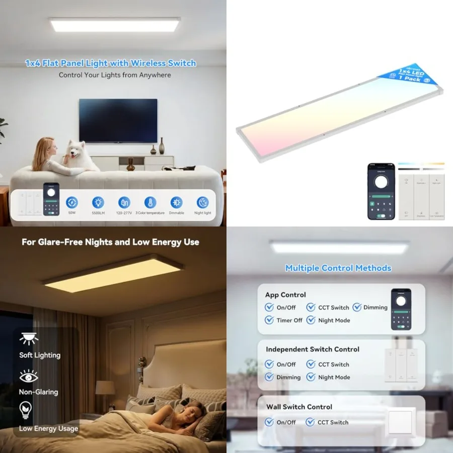 AIKVSXER Pack x Feet LED Flat Panel Light Surface Mount, with Wireless Switch and App Control, Night Mode, 50W 5500LM, 00K/000K
AIKVSXER Pack x Feet LED Flat Panel Light Surface Mount, with Wireless Switch and App Control, Night Mode, 50W 5500LM, 00K/000K