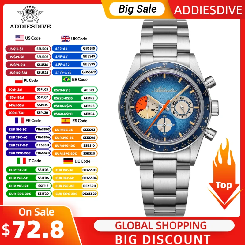 ADDIESDIVE New Chronograph VK63 Men Watch Luxury Quartz Wristwatch Luminous Stainless Steel Bubble Glass 100m Waterproof Watch
ADDIESDIVE New Chronograph VK63 Men Watch Luxury Quartz Wristwatch Luminous Stainless Steel Bubble Glass 100m Waterproof Watch