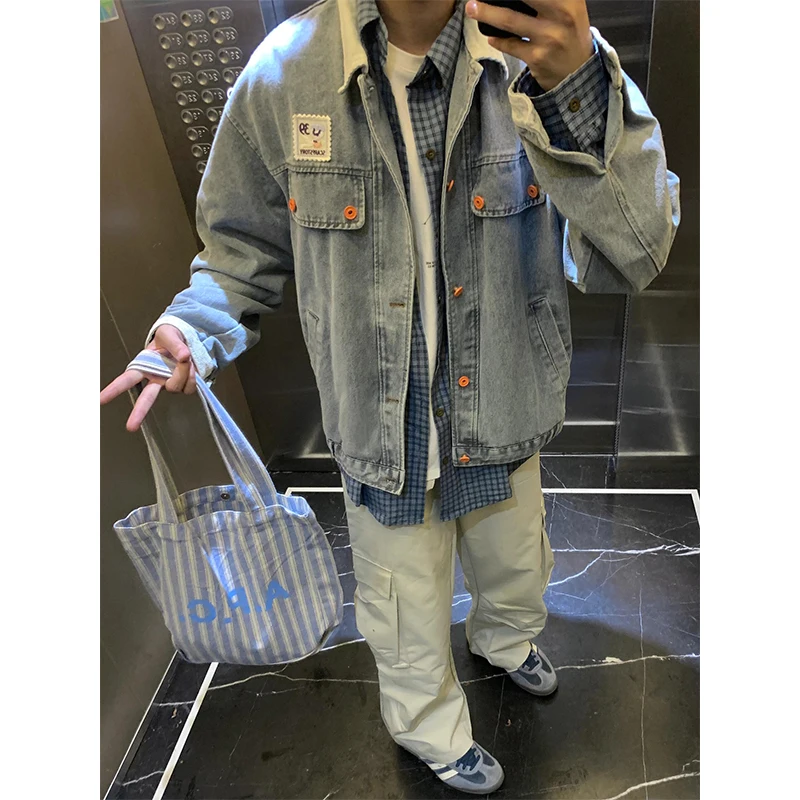 ort Blue Denim Jaet Men's Spring Autumn American Retro Patchwork Workwear Jaet Turn-down Collar Loose Fit Jeans Coat
ort Blue Denim Jaet Men's Spring Autumn American Retro Patchwork Workwear Jaet Turn-down Collar Loose Fit Jeans Coat
