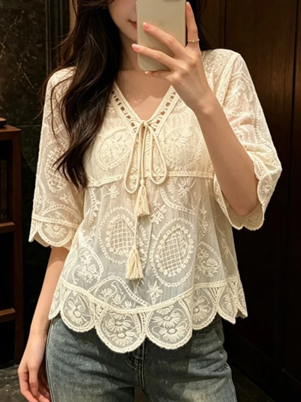 Summer New plus Size Embroidered Lace V-Neck Tie Short Sleeve Top Commute Style Slimming Lace Shirt Women's Fashion Daily Wear
Summer New plus Size Embroidered Lace V-Neck Tie Short Sleeve Top Commute Style Slimming Lace Shirt Women's Fashion Daily Wear