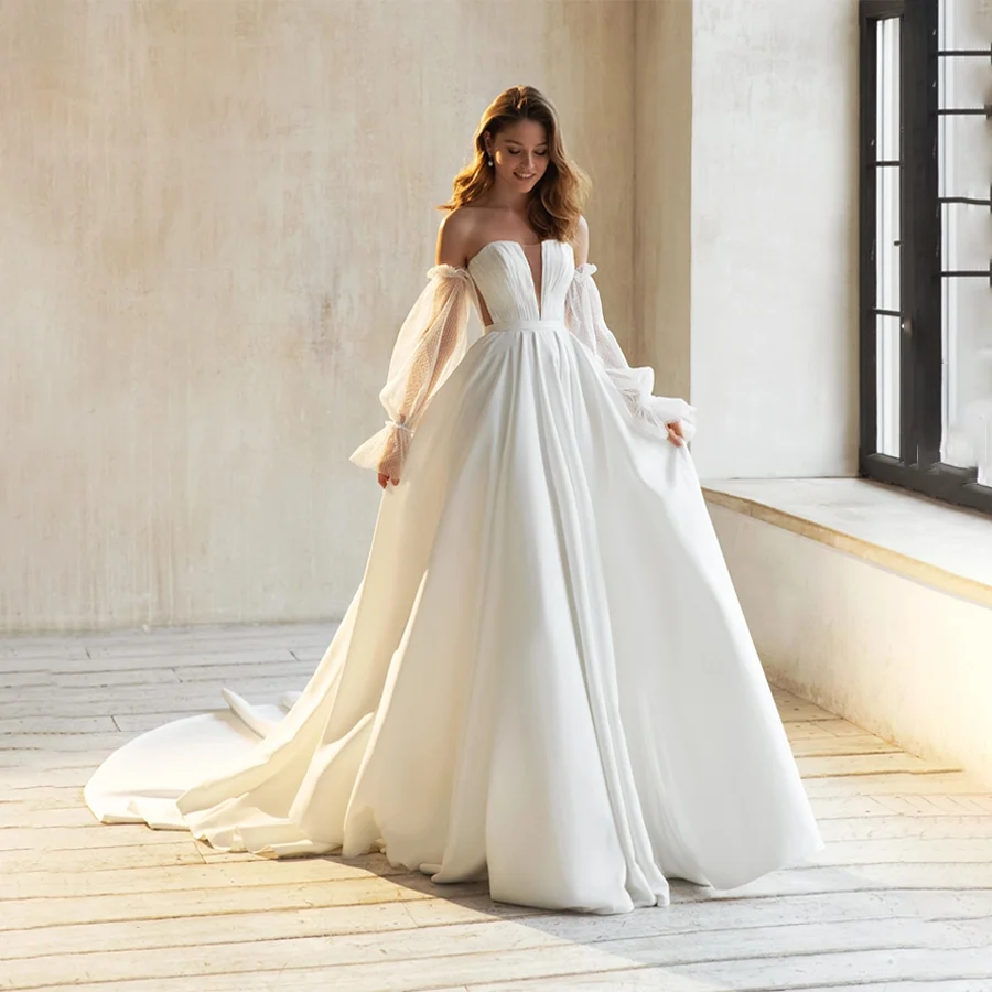Off- Shoulder Sweetheart With Pleats Wedding Gowns A-Line Three Quarter Sleeve Backless Zipper Custom Made Bridal Dresses
Off- Shoulder Sweetheart With Pleats Wedding Gowns A-Line Three Quarter Sleeve Backless Zipper Custom Made Bridal Dresses