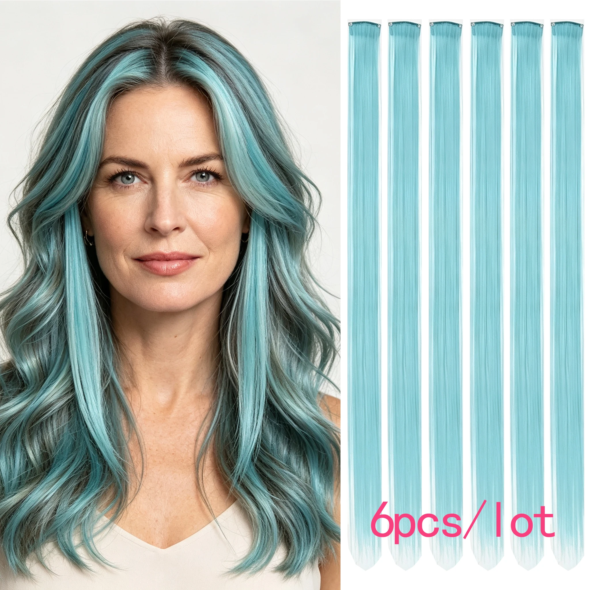 6 Pcs Synthetic Light Blue Clip In Hair Extensions, Bright Cyan Synthetic Clip In Hair Extensions Straight Color Highlight Hair
6 Pcs Synthetic Light Blue Clip In Hair Extensions, Bright Cyan Synthetic Clip In Hair Extensions Straight Color Highlight Hair