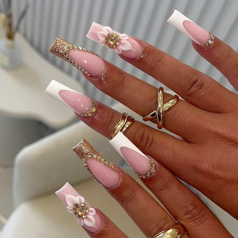 24Pcs White French Rhinestone Fake Nails Press on 3D Flower Shiny Powder False Nails Long Square Wearable Full Cover Nails Tips
24Pcs White French Rhinestone Fake Nails Press on 3D Flower Shiny Powder False Nails Long Square Wearable Full Cover Nails Tips