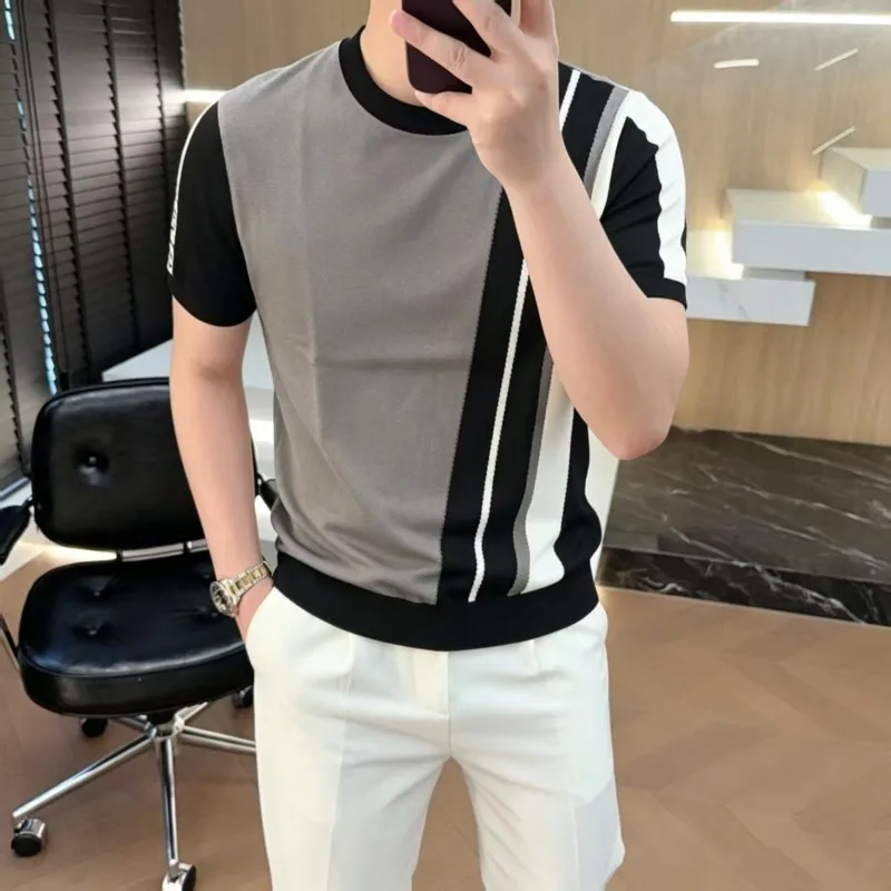 British Style Striped Knitted T-shirt for Men Fashion Round Neck Short Sleeved Casual Business T-shirts Ice Silk Breathable Tee
British Style Striped Knitted T-shirt for Men Fashion Round Neck Short Sleeved Casual Business T-shirts Ice Silk Breathable Tee