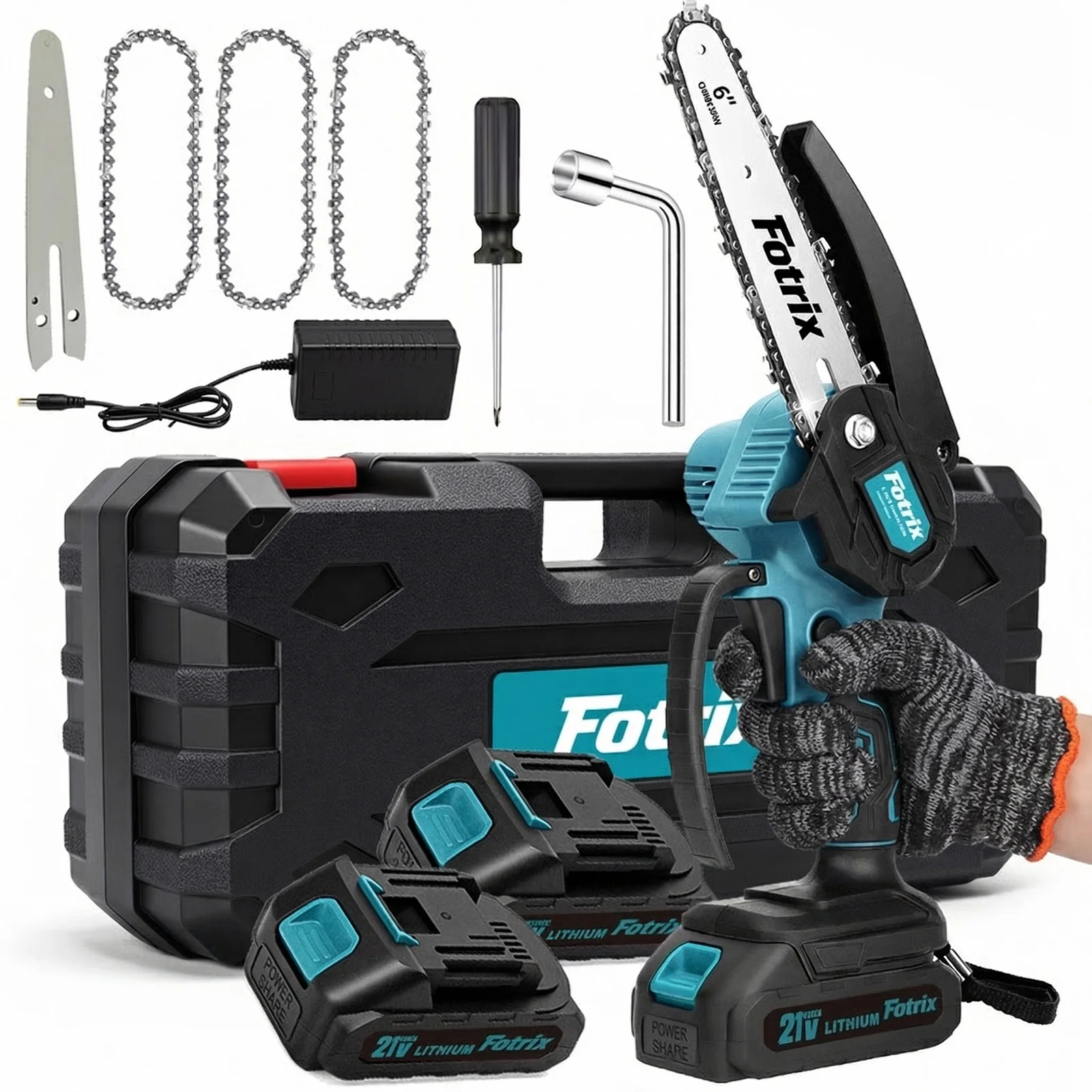 FOTRIX 6''Cordless Mini Chainsaw Electric Saw Rechargeable Woodworking Garden Pruning Saw for 21V Battery pin
FOTRIX 6''Cordless Mini Chainsaw Electric Saw Rechargeable Woodworking Garden Pruning Saw for 21V Battery pin