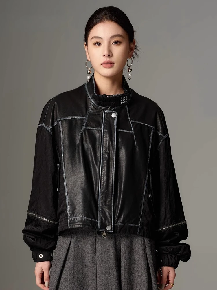 Casual Short Genuine Leather Jackets for Women Spring Autumn High-end Simple Stand Collar Spliced Rayon Real Cow Leather Coat
Casual Short Genuine Leather Jackets for Women Spring Autumn High-end Simple Stand Collar Spliced Rayon Real Cow Leather Coat