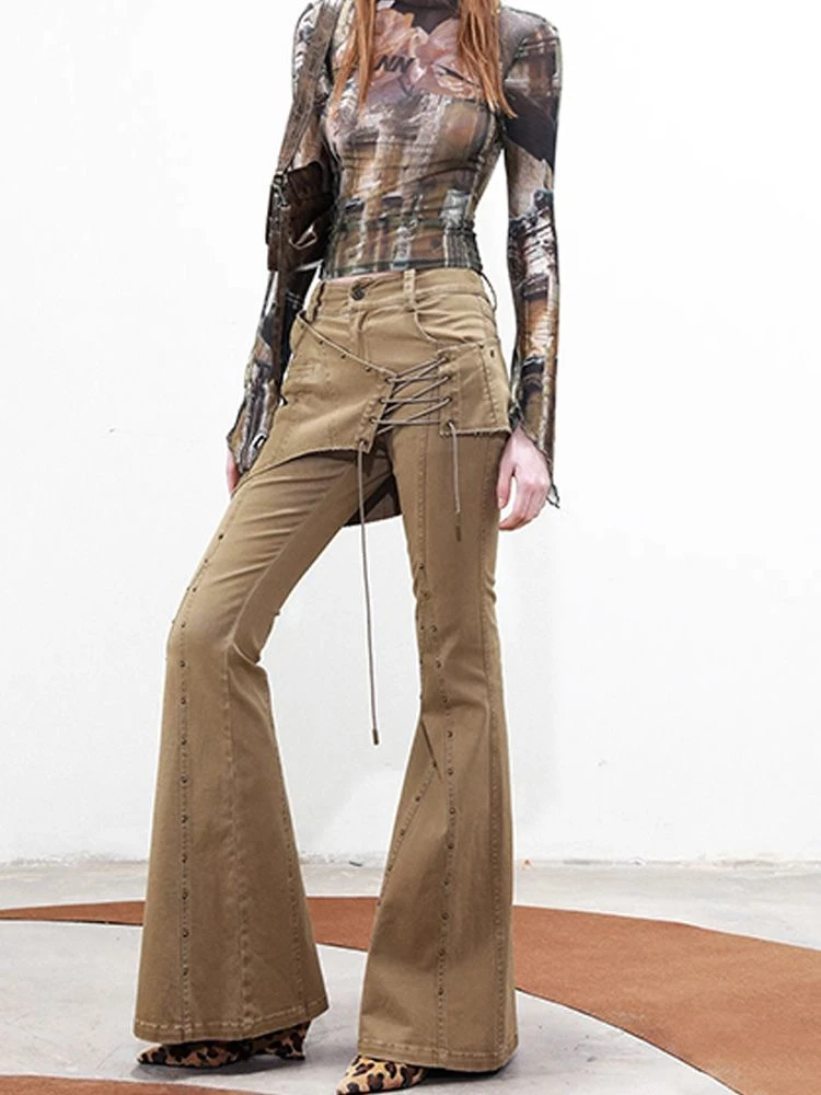 Women's Splicing Fake Two Piece Design Khaki Flare Pants Retro Streetwear Fashion Female High Waist Rivet Bell-bottom Pants
Women's Splicing Fake Two Piece Design Khaki Flare Pants Retro Streetwear Fashion Female High Waist Rivet Bell-bottom Pants