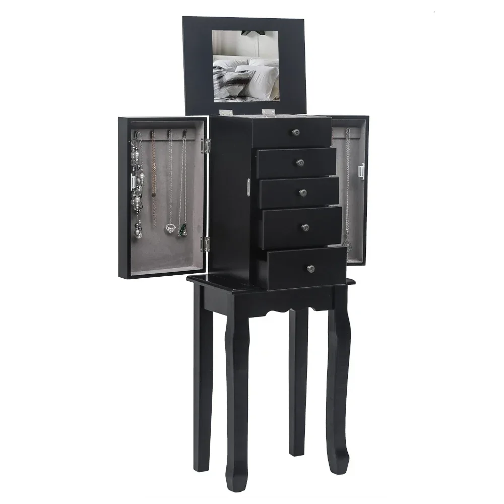 Standing Jewelry Armoire with Mirror, 5 Drawers & 6 Necklace Hooks, Jewelry Cabinet Chest with Top Storage Organizer
Standing Jewelry Armoire with Mirror, 5 Drawers & 6 Necklace Hooks, Jewelry Cabinet Chest with Top Storage Organizer