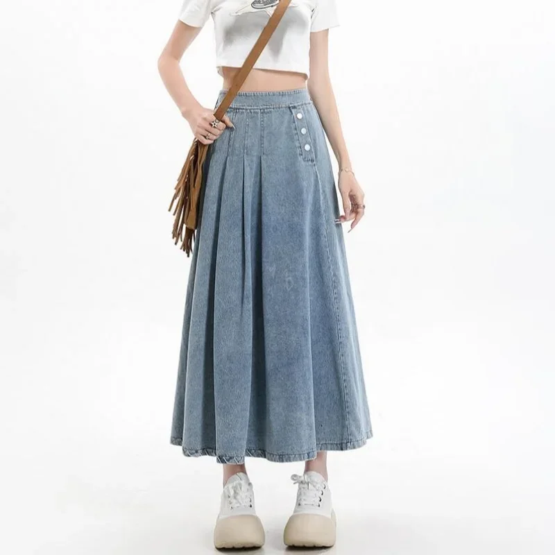 2025 Retro Light Blue Pleated Denim Skirt for Women's New Design Sense Button Elastic High Waist A-line Mid-length Half Skirts
2025 Retro Light Blue Pleated Denim Skirt for Women's New Design Sense Button Elastic High Waist A-line Mid-length Half Skirts
