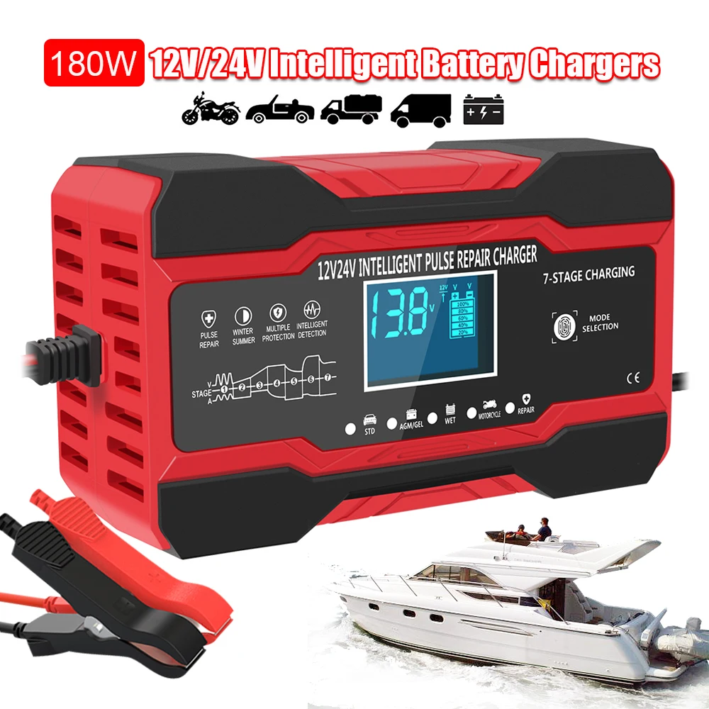 180W Boat Battery Chargers Intelligent Pulse Repair 5A/24V 10A/12V Fast Charging Motorcycle Car Battery Storage Cell Maintance
180W Boat Battery Chargers Intelligent Pulse Repair 5A/24V 10A/12V Fast Charging Motorcycle Car Battery Storage Cell Maintance