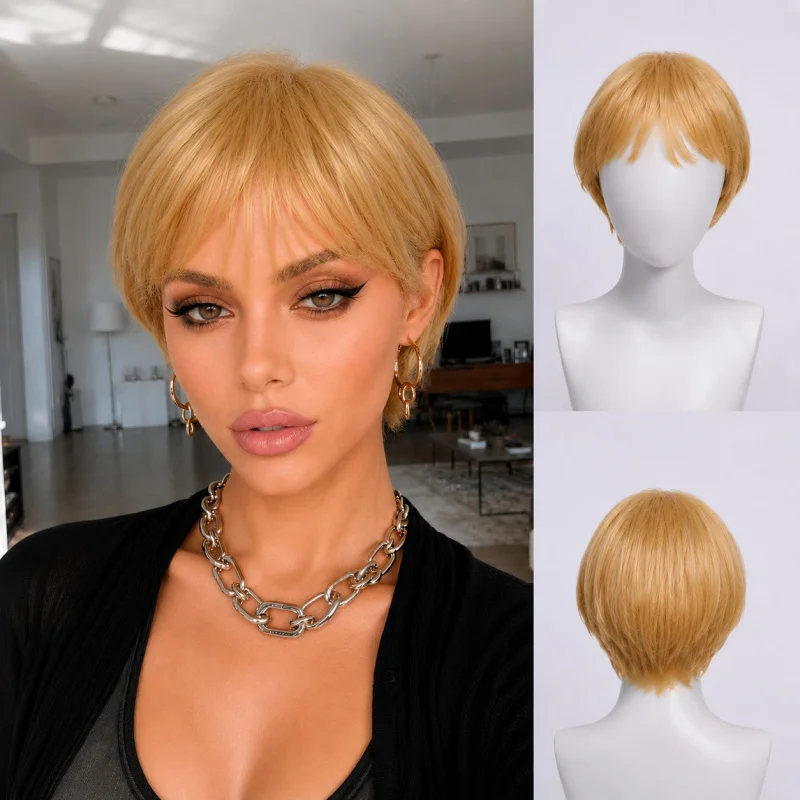New European and American for women, fashionable golden short straight hair wigs made of high-temperature synthetic fiber
New European and American for women, fashionable golden short straight hair wigs made of high-temperature synthetic fiber