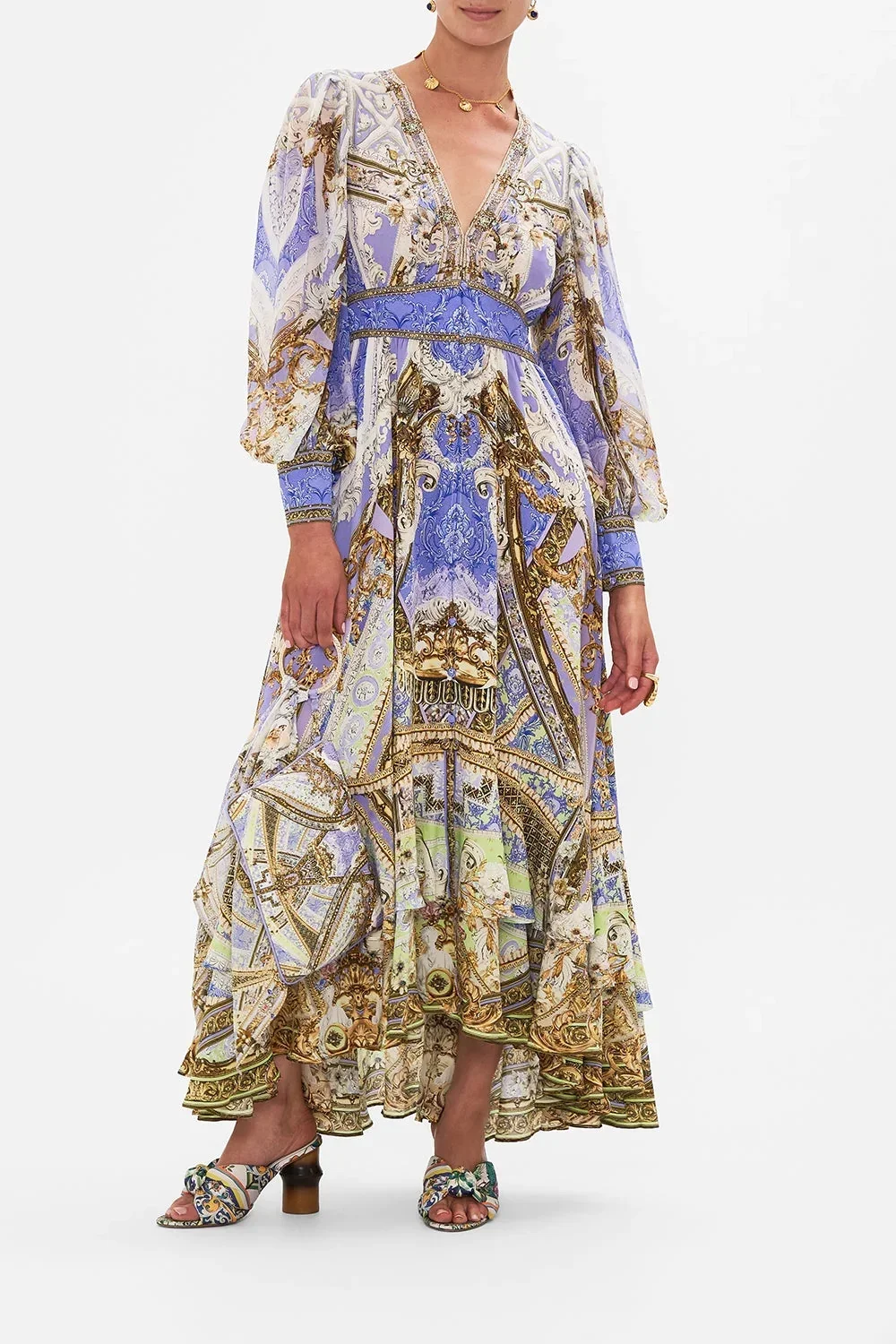 Women 100% Silk Floral Printed V-Neck Long Sleeve Beaded Decoration Contrast Color Maxi Dress
Women 100% Silk Floral Printed V-Neck Long Sleeve Beaded Decoration Contrast Color Maxi Dress