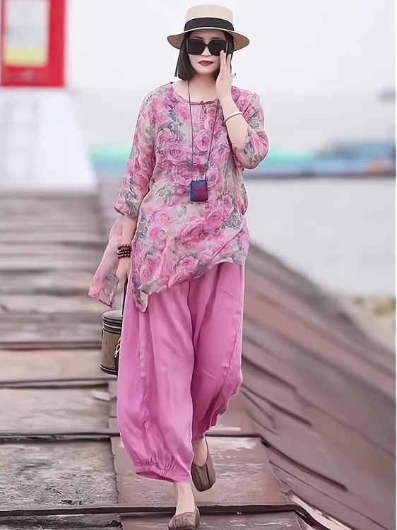 Новый китайский комплект из элитного льна, женский летний комплект 2025, новый топ с принтом розы + брюки-фонарики, модный костюм из двух предметов 
Новый китайский комплект из элитного льна, женский летний комплект 2025, новый топ с принтом розы + брюки-фонарики, модный костюм из двух предметов