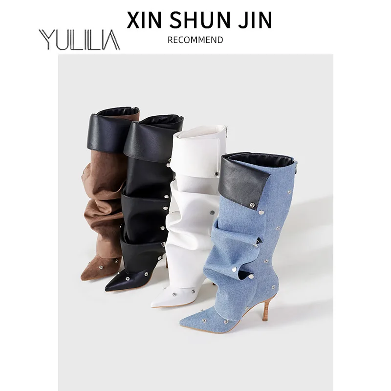 YULILIA Designer's Original Willow Nail Buckle Splicing Canvas Stiletto Denim Pleated Pile Boots Female Fashion Boots Women's
YULILIA Designer's Original Willow Nail Buckle Splicing Canvas Stiletto Denim Pleated Pile Boots Female Fashion Boots Women's