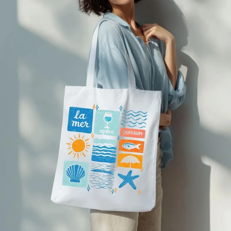 La Mer French Coastal Tote Bag Nautical Themed Print with Fish and Shells Reusable Bag for Summer
La Mer French Coastal Tote Bag Nautical Themed Print with Fish and Shells Reusable Bag for Summer