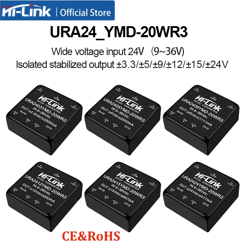 Hi-Link URA24xxYMD-20WR3 20W Isolated DC-DC Module 9-36V Wide Input ±5V ±12V ±15V Dual Output 1500V Isolation Industrial Power
Hi-Link URA24xxYMD-20WR3 20W Isolated DC-DC Module 9-36V Wide Input ±5V ±12V ±15V Dual Output 1500V Isolation Industrial Power