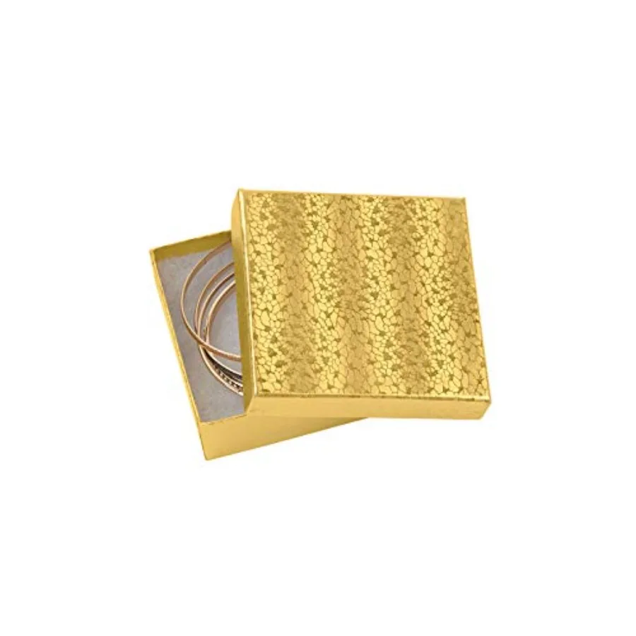 Retail jewelry gift boxes: cardboard, gold embossed, shiny, cotton-filled, 3 x 3 x 1, with lids, ideal for retail business
Retail jewelry gift boxes: cardboard, gold embossed, shiny, cotton-filled, 3 x 3 x 1, with lids, ideal for retail business