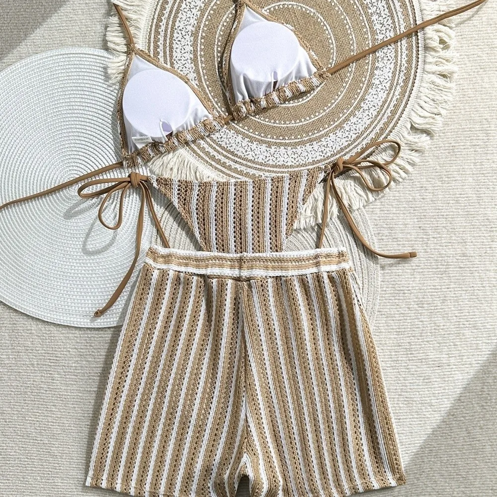 Stripes 3 in 1 Swimwear Set Lace Up Slim Fit Bikini Bathing Suit Beachwear Clothing Deep-V Knitting Swimsuit Swimming Pool
Stripes 3 in 1 Swimwear Set Lace Up Slim Fit Bikini Bathing Suit Beachwear Clothing Deep-V Knitting Swimsuit Swimming Pool