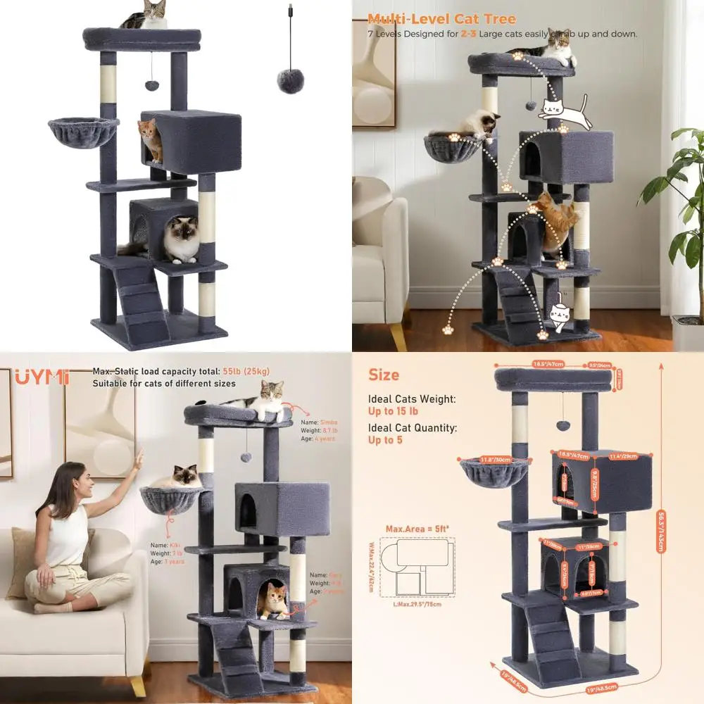 Кошачье дерево для дома с двумя уютными копытами, просторным верхним окунем, многоуровневой башней 56,3 дюйма, когтеточками и двумя петельками
Кошачье дерево для дома с двумя уютными копытами, просторным верхним окунем, многоуровневой башней 56,3 дюйма, когтеточками и двумя петельками