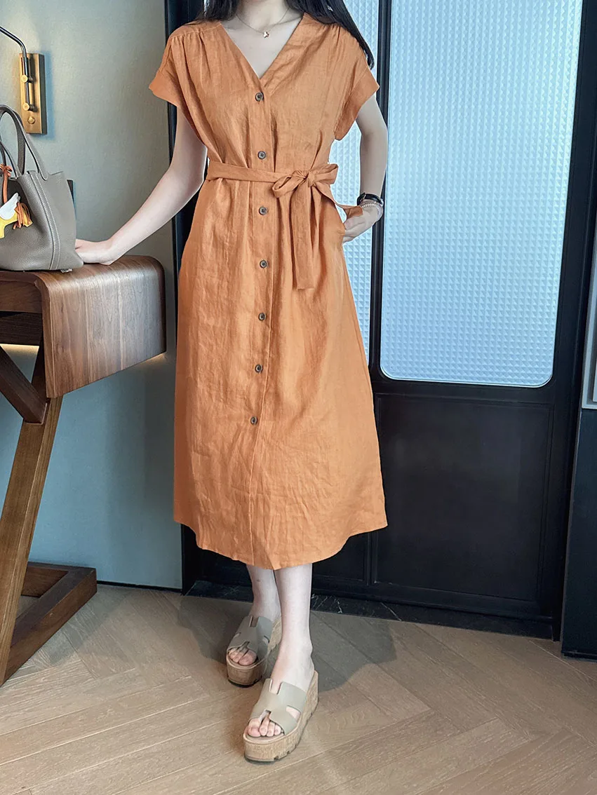 Женское классическое платье Morning Dew Orange Light из льна с V-образным вырезом, на пуговицах, с завышенной талией, для повседневной носки
Женское классическое платье Morning Dew Orange Light из льна с V-образным вырезом, на пуговицах, с завышенной талией, для повседневной носки