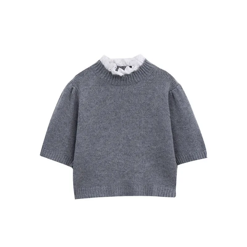 Lace-edged Semi-turtleneck Knitted Sweater Early Spring Bubble Sleeves Women's Short-sleeved Sweater
Lace-edged Semi-turtleneck Knitted Sweater Early Spring Bubble Sleeves Women's Short-sleeved Sweater