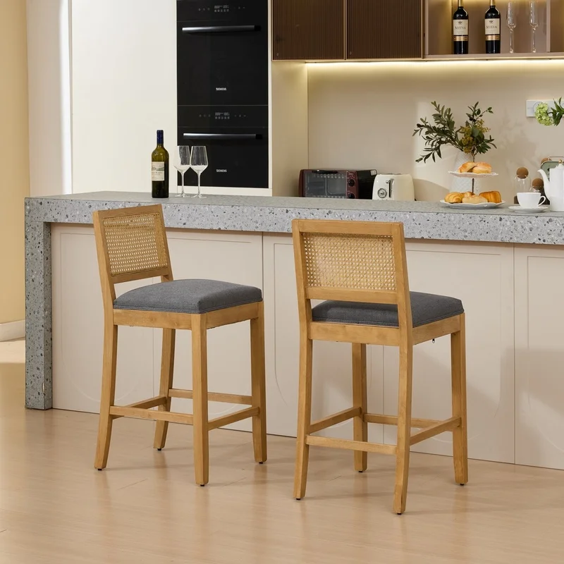 Solid Wood Rattan-Back Bar Stool, Matte Linen Seat with High-Resilience Foam and S-Springs, Set of 2, Gray
Solid Wood Rattan-Back Bar Stool, Matte Linen Seat with High-Resilience Foam and S-Springs, Set of 2, Gray